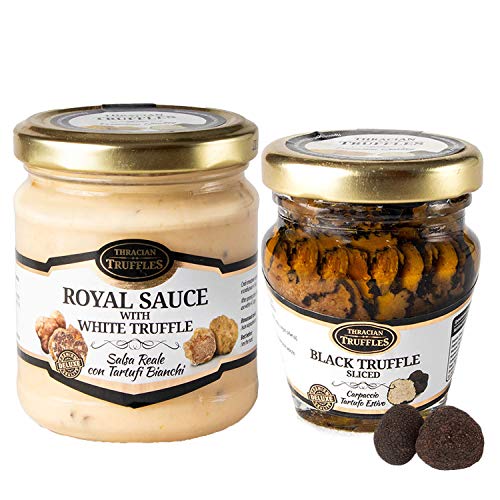 Carpaccio Tartufo Gourmet Black Summer Truffle 70% Sommertrüffel Schwarze Trüffel Scheiben und White truffle Royal Weißen Trüffel Sahne Käse TrüffelCreme Delikatesse für Feinschmecker (180g) von Pesto