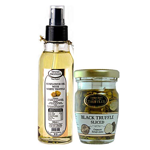Natürliche Sonnenblumenöl mit Weißen Trüffel Trüffel öl Sunflower oil with White truffle Gourmet Spray 100ml und Carpaccio Tartufo Gourmet Black Summer Truffle 70% Sommertrüffel Schwarze Trüffel 60g von Truffles
