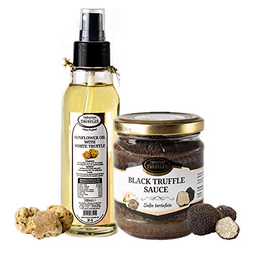 Natürliche Sonnenblumenöl mit Weißen Trüffel Trüffel öl Sunflower oil with White truffle Gourmet Spray 100ml und Schwarze Trüffel Saucen Black truffle sauce Trüffelcreme Sommertrüffel Tartufata 170g von Oil