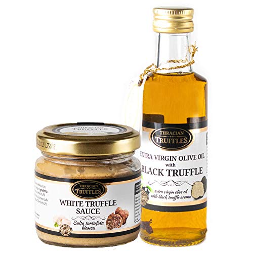 Trüffelöl Sommertrüffel Schwarztrüffel Black truffle olive oil Echte Trüffelstücke 100ml und Weißen Trüffel Feinkost White Truffle Gourmet Trüffelcreme die Delikatesse für Feinschmecker (80g) von Oil