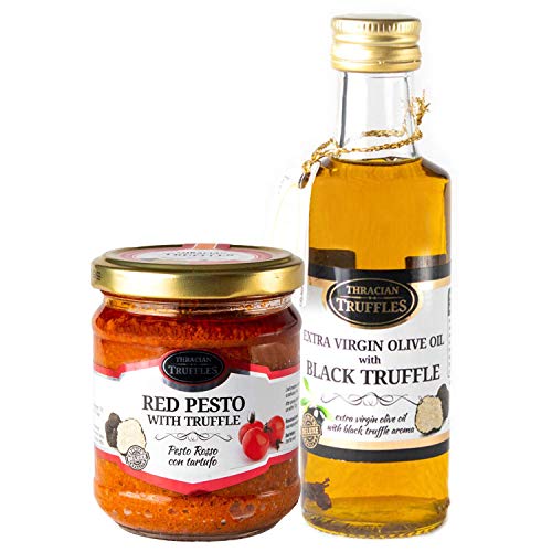 Trüffelöl Sommertrüffel Schwarztrüffel Black truffle olive oil Extra Virgin Echte Trüffelstücke 100ml und Rot Pesto Sauce mit schwarze Trüffel, Trüffelsauce Delikatesse Chili, BBQ, barbecue 80g von Truffles