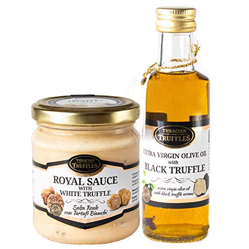 Trüffelöl Sommertrüffel Schwarztrüffel Black truffle olive oil Extra Virgin Echte Trüffelstücke 100ml und White truffle Royal Weißen Trüffel mit Sahne und Käse, für Fleisch, Omeletts, Pasta 180g von Oil