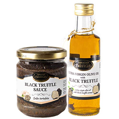 Trüffelöl Sommertrüffel Schwarztrüffel olive oil Extra Virgin Echte Trüffelstücke 100ml und Schwarze Trüffel Saucen Black truffle Trüffelcreme Sommertrüffel Delikatesse, Pasta, Risotto 170g von Oil