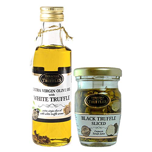 Trüffelöl Weißes Trüffelöl Premium White truffle olive oil Extra Virgin Echte Trüffelstücke, Gourmet Marinaden 100ml und Carpaccio Tartufo Gourmet Black Summer Truffle 70% Schwarze Trüffel 60g von Truffles