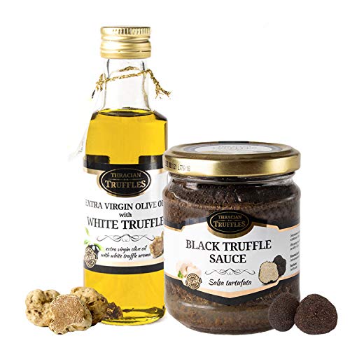 Trüffelöl Weißes Trüffelöl Premium White truffle olive oil Extra Virgin Echte Trüffelstücke, Gourmet Marinaden 100ml und und Schwarze Trüffel Black truffle Trüffelcreme Sommertrüffel Tartufata 80g von Oil