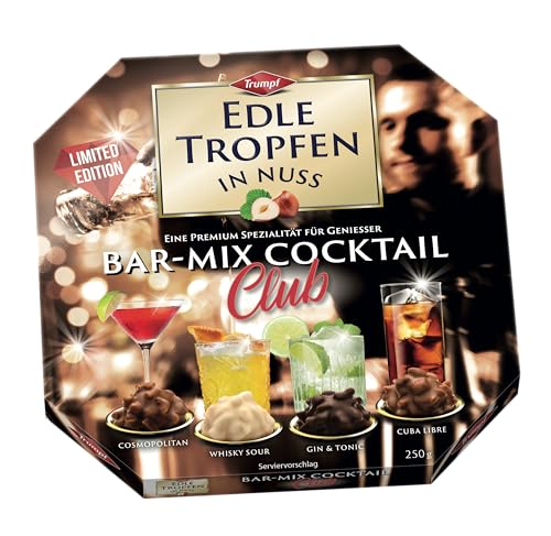 Edle Tropfen in Nuss Bar-Mix Cocktail Club 250g, 4 Sorten flüssig gefüllte Schokoladen-Pralinen mit Zuckerkruste und knackigen Haselnuss-Splittern von EDLE TROPFEN
