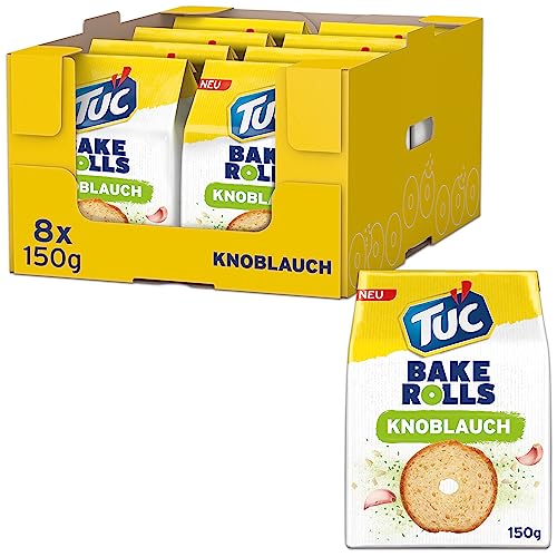 TUC Bake Rolls Knoblauch 8 x 150g I Knusprige Brotchips I Knabbergebäck Chips Großpackung von Tuc