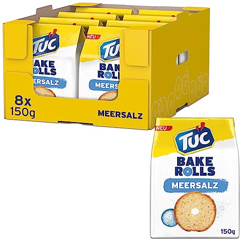 TUC Bake Rolls Meersalz 8 x 150g I Knusprige Brotchips I Knabbergebäck Chips Großpackung von Tuc