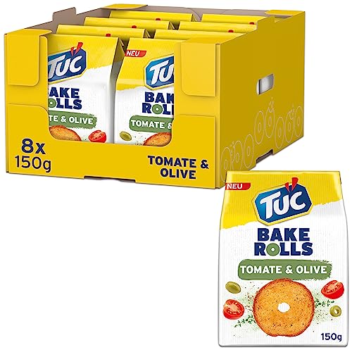TUC Bake Rolls Tomate & Olive 8 x 150g I Knusprige Brotchips I Knabbergebäck Chips Großpackung von Tuc