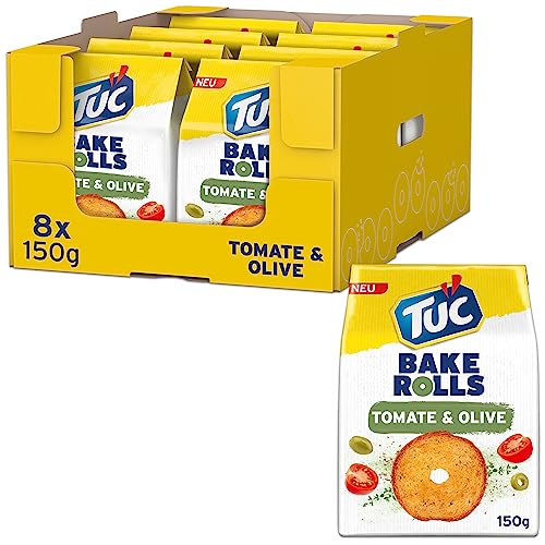 TUC Bake Rolls Tomate & Olive 8 x 150g I Knusprige Brotchips I Knabbergebäck Chips Großpackung von Tuc