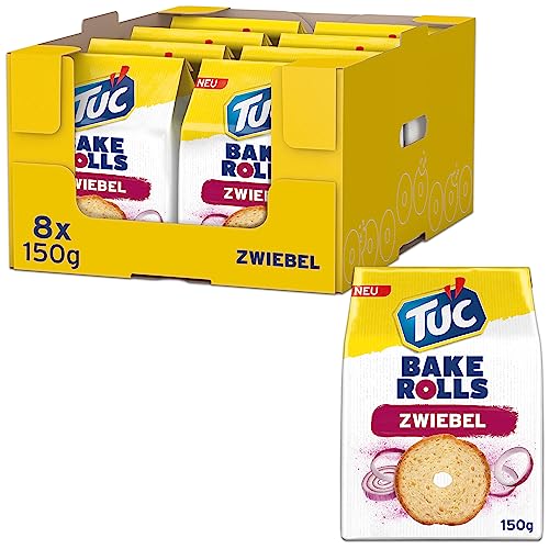 TUC Bake Rolls Zwiebel 8 x 150g I Knusprige Brotchips I Knabbergebäck Chips Großpackung von Tuc