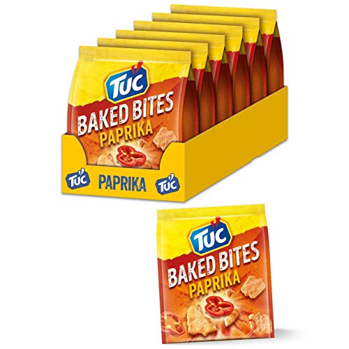 TUC Baked Bites Paprika 6 x 110g I Salzgebäck Großpackung I Cracker mit Paprika-Geschmack I TUC Mini-Cracker von Tuc