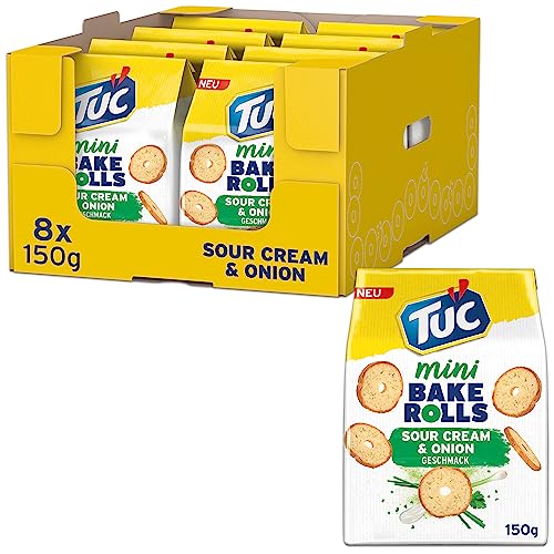 TUC Mini Bake Rolls Sour Cream & Onion 8 x 150g I Knusprige Brotchips I Knabbergebäck Chips Großpackung von Tuc