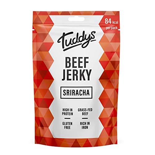 Tuddys Beef Jerky - Sriracha | 28 g x 12 Pack | High Protein Beef Snack | verzehrfertig | Reich an Eisen | Knoblauchige, süße und würzige Harmonie, ein wenig Hitze mit allem Geschmack | glutenfrei von Tuddys