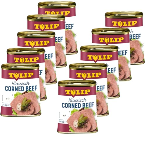 TULIP 10x Corned Beef 340 g | Klassisches Frühstücksfleisch in der Dose | Zartes gepökeltes Fleisch in der Konserve | Konservenfleisch mit 98% Rindfleisch von Tulip