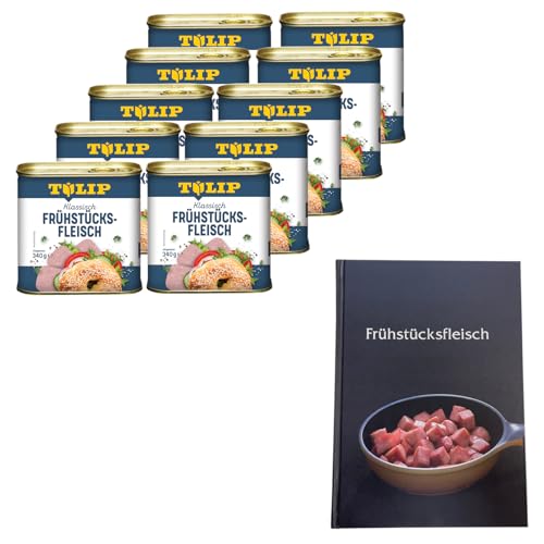 TULIP 10x Schweine-Frühstücksfleisch 340g + Kochbuch | Schweine-Frühstücksfleisch in der Dose und ein passendes Frühstücksfleisch gebundenes Kochbuch mit 57 Rezepten | 87% Schweinefleisch von Tulip