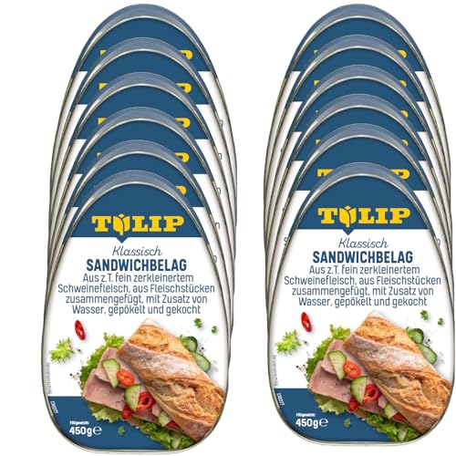 TULIP 12x 450 g Sandwichbelag aus Schweinefleisch | Frühstücksfleisch saftiges Fleisch | Brotbelag ideal für Sandwichkreationen | Frühstücksfleisch in der Konserve von Tulip