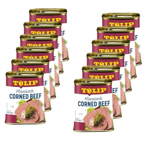 TULIP 12x Corned Beef 340 g | Klassisches Frühstücksfleisch in der Dose | Zartes gepökeltes Fleisch in der Konserve | Konservenfleisch mit 98% Rindfleisch von Tulip