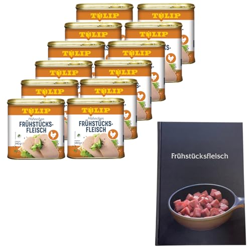 TULIP 12x Hähnchen-Frühstücksfleisch 340g + Kochbuch | Geflügel-Frühstücksfleisch in der Dose und ein passendes gebundenes Kochbuch mit 57 Rezepten | 80% Hühnerfleisch von Tulip