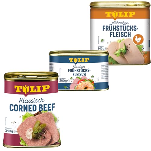 TULIP 1x Klassisches Corned Beef 340g + 1x Hähnchen-Frühstücksfleisch 340g + 1x Schweine-Frühstücksfleisch 200g | 98% Rindfleisch 86% Schweinefleisch 80% Hühnerfleisch | Konservenfleisch von Tulip