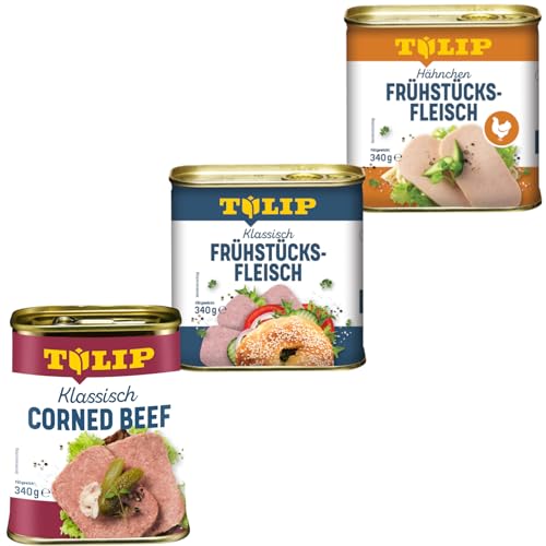 TULIP 1x Klassisches Corned Beef 340g + 1x Hähnchen-Frühstücksfleisch 340g + 1x Schweine-Frühstücksfleisch 340g | 98% Rindfleisch 86% Schweinefleisch 80% Hühnerfleisch | Konservenfleisch von Tulip