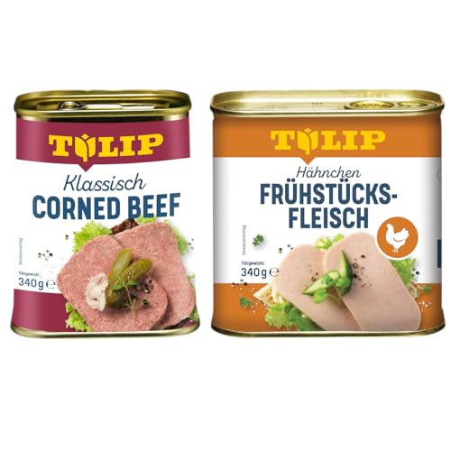 TULIP 1x Klassisches Corned Beef 340g + 1x Hähnchen-Frühstücksfleisch 340g | leckeres Rinder und Hähnchenfleisch | 98% Rindfleisch und 80% Hühnerfleisch von Tulip