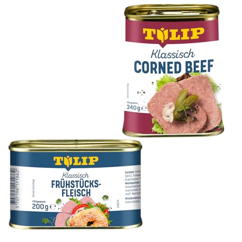 TULIP 1x Klassisches Corned Beef 340g + 1x Schweine-Frühstücksfleisch 200g | leckeres Rinder und Schweinefleisch | 98% Rindfleisch und 86% Schweinefleisch von Tulip