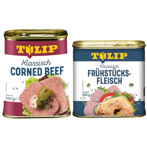 TULIP 1x Klassisches Corned Beef 340g + 1x Schweine-Frühstücksfleisch 340g | leckeres Rinder und Schweinefleisch | 98% Rindfleisch 86% Schweinefleisch | Dosenfleisch von Tulip