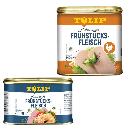 TULIP 1x Schweine-Frühstücksfleisch 200g + 1x Hähnchen-Frühstücksfleisch 340g | leckeres Schweine und Hähnchenfleisch | 86% Schweineflesich und 80% Hühnerfleisch von Tulip