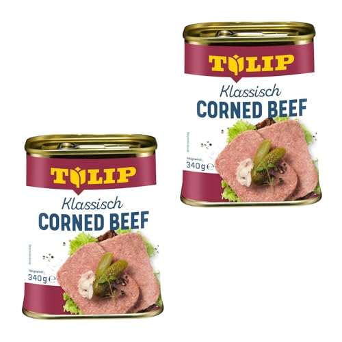 TULIP 2x Corned Beef 340 g | Klassisches Frühstücksfleisch in der Dose | Zartes gepökeltes Fleisch in der Konserve | Konservenfleisch mit 98% Rindfleisch von Tulip