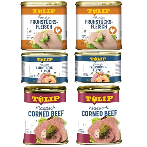 TULIP 2x Klassisches Corned Beef 340g + 2x Hähnchen-Frühstücksfleisch 340g + 2x Schweine-Frühstücksfleisch 200g | 98% Rindfleisch 86% Schweinefleisch 80% Hühnerfleisch | Konservenfleisch von Tulip