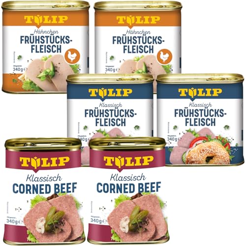 TULIP 2x Klassisches Corned Beef 340g + 2x Hähnchen-Frühstücksfleisch 340g + 2x Schweine-Frühstücksfleisch 340g | 98% Rindfleisch 86% Schweinefleisch 80% Hühnerfleisch | Konservenfleisch von Tulip