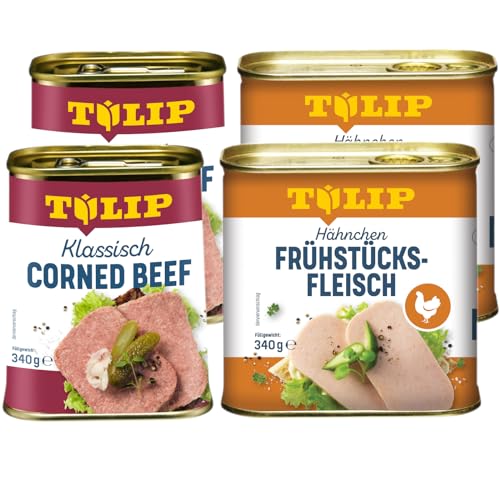 TULIP 2x Klassisches Corned Beef 340g + 2x Hähnchen-Frühstücksfleisch 340g | leckeres Rinder und Hähnchenfleisch | 98% Rindfleisch und 80% Hühnerfleisch von Tulip