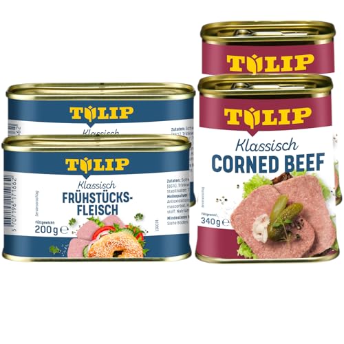 TULIP 2x Klassisches Corned Beef 340g + 2x Schweine-Frühstücksfleisch 200g | leckeres Rinder und Schweinefleisch | 98% Rindfleisch und 86% Schweinefleisch von Tulip