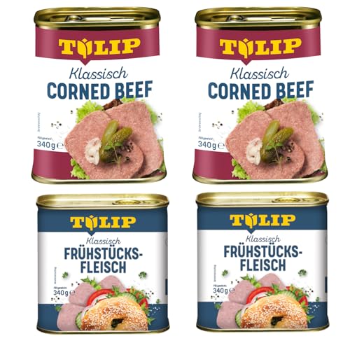 TULIP 2x Klassisches Corned Beef 340g + 2x Schweine-Frühstücksfleisch 340g | leckeres Rinder und Schweinefleisch | 98% Rindfleisch 86% Schweinefleisch | Dosenfleisch von Tulip