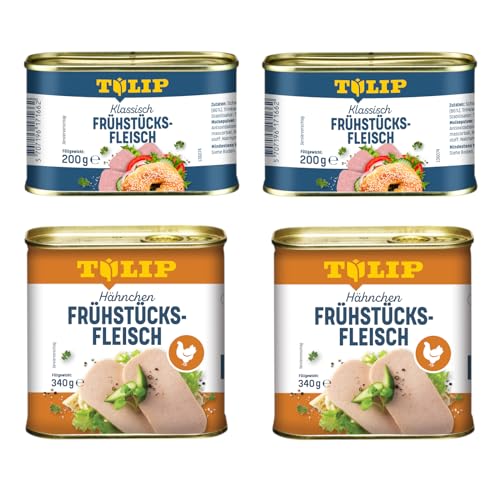 TULIP 2x Schweine-Frühstücksfleisch 200g + 2x Hähnchen-Frühstücksfleisch 340g | leckeres Schweine und Hähnchenfleisch | 86% Schweineflesich und 80% Hühnerfleisch von Tulip