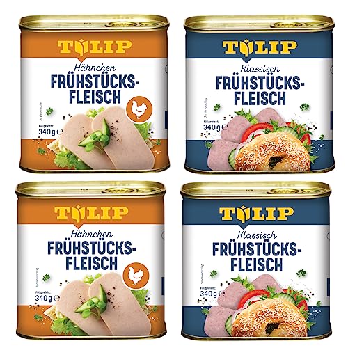TULIP 2x Schweine-Frühstücksfleisch 340g + 2x Hähnchen-Frühstücksfleisch 340g | leckeres Hähnchen und Schweinefleisch | 80% Hähnchenfleisch und 86% Schweinefleisch von Tulip