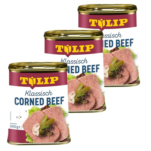 TULIP 3x Corned Beef 340 g | Klassisches Frühstücksfleisch in der Dose | Zartes gepökeltes Fleisch in der Konserve | Konservenfleisch mit 98% Rindfleisch von Tulip