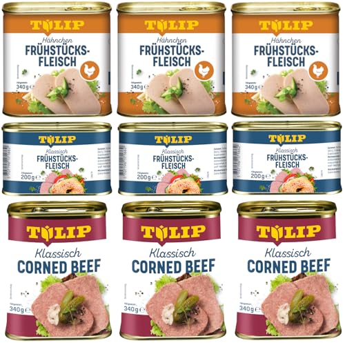 TULIP 3x Klassisches Corned Beef 340g + 3x Hähnchen-Frühstücksfleisch 340g + 3x Schweine-Frühstücksfleisch 200g | 98% Rindfleisch 86% Schweinefleisch 80% Hühnerfleisch | Konservenfleisch von Tulip