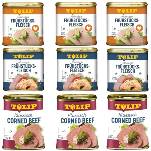 TULIP 3x Klassisches Corned Beef 340g + 3x Hähnchen-Frühstücksfleisch 340g + 3x Schweine-Frühstücksfleisch 340g | 98% Rindfleisch 86% Schweinefleisch 80% Hühnerfleisch | Konservenfleisch von Tulip