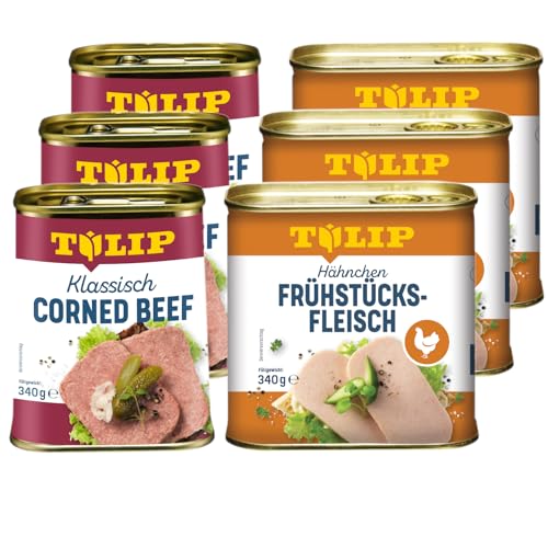 TULIP 3x Klassisches Corned Beef 340g + 3x Hähnchen-Frühstücksfleisch 340g | leckeres Rinder und Hähnchenfleisch | 98% Rindfleisch und 80% Hühnerfleisch von Tulip