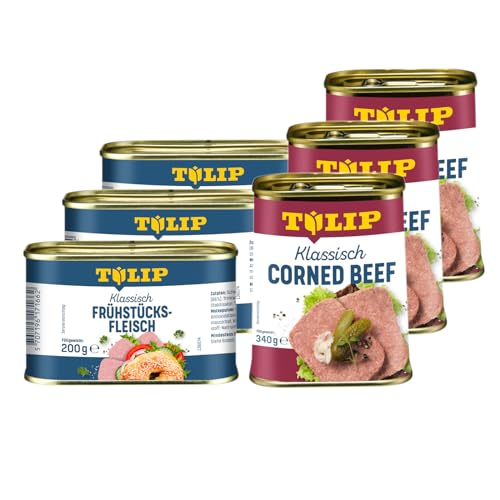 TULIP 3x Klassisches Corned Beef 340g + 3x Schweine-Frühstücksfleisch 200g | leckeres Rinder und Schweinefleisch | 98% Rindfleisch und 86% Schweinefleisch von Tulip
