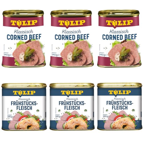 TULIP 3x Klassisches Corned Beef 340g + 3x Schweine-Frühstücksfleisch 340g | leckeres Rinder und Schweinefleisch | 98% Rindfleisch 86% Schweinefleisch | Dosenfleisch von Tulip