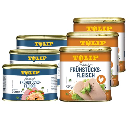 TULIP 3x Schweine-Frühstücksfleisch 200g + 3x Hähnchen-Frühstücksfleisch 340g | leckeres Schweine und Hähnchenfleisch | 86% Schweineflesich und 80% Hühnerfleisch von Tulip