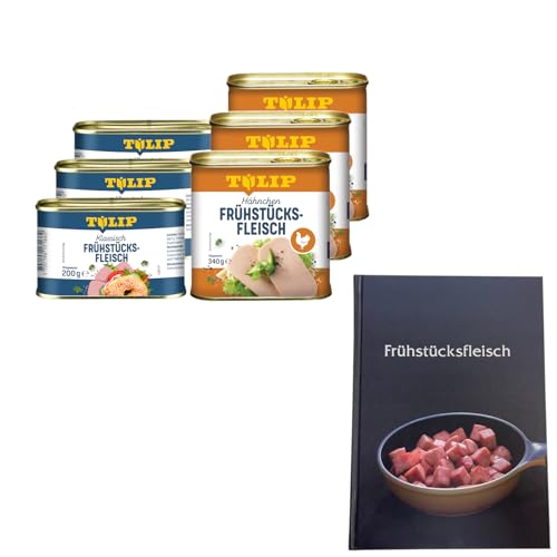 TULIP 3x Schweine-Frühstücksfleisch 200g + 3x Hühnchen-Frühstücksfleisch 340g + Kochbuch | Fleisch in der Dose + Gebundenes Kochbuch mit 57 Rezepten | 87% Schweinefleisch und 80% Hähnchen von Tulip