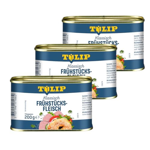 TULIP 3x Schweine-Frühstücksfleisch 200g | leckeres Schweinefleisch in der praktischen recycelbaren Konserve | Schweine-Frühstücksfleisch in der Dose | 86% Schweinefleisch von Tulip