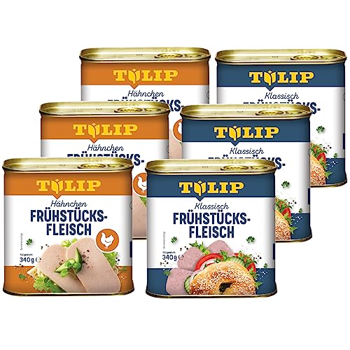 TULIP 3x Schweine-Frühstücksfleisch 340g + 3x Hähnchen-Frühstücksfleisch 340g | leckeres Hähnchen und Schweinefleisch | 80% Hähnchenfleisch und 86% Schweinefleisch von Tulip