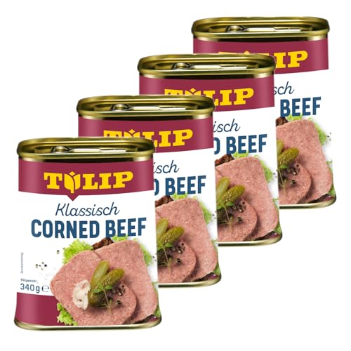 TULIP 4x Corned Beef 340 g | Klassisches Frühstücksfleisch in der Dose | Zartes gepökeltes Fleisch in der Konserve | Konservenfleisch mit 98% Rindfleisch von Tulip
