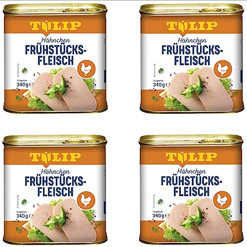 TULIP 4x Hähnchen-Frühstücksfleisch 340g | leckeres Hähnchenfleisch in der praktischen recycelbaren Konserve | Geflügel-Frühstücksfleisch in der Dose | 80% Hähnchenfleisch von Tulip