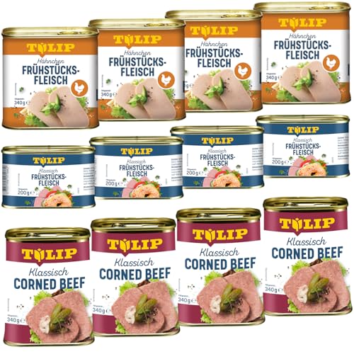 TULIP 4x Klassisches Corned Beef 340g + 4x Hähnchen-Frühstücksfleisch 340g + 4x Schweine-Frühstücksfleisch 200g | 98% Rindfleisch 86% Schweinefleisch 80% Hühnerfleisch | Konservenfleisch von Tulip